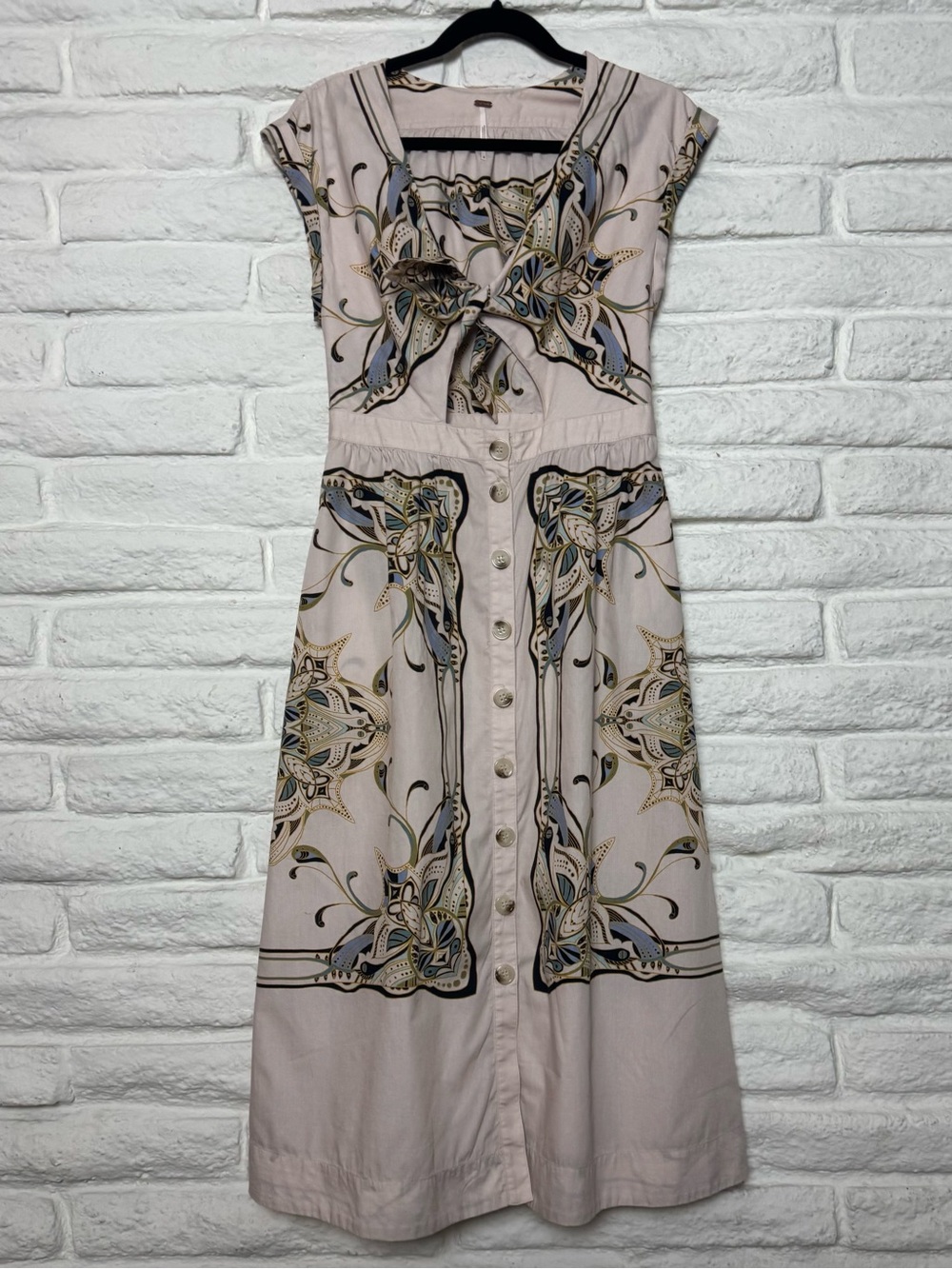 Free People Beige Midi Dress with Blue and Cream Floral Print